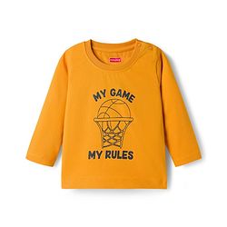 Babyhug Single Jersey Knit Full Sleeves T-Shirt & Pant Set With Basketball Print - Mustard & Navy Blue