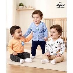 Babyhug Disney Interlock Knit Full Sleeves Jhablas with Mickey Mouse Graphics Pack of 3 - White Orange & Blue