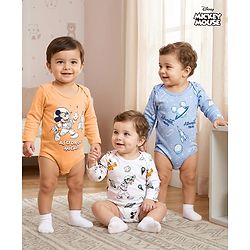 Babyhug Disney Interlock Knit Full Sleeves Onesie with Mickey Mouse Graphic Pack of 3 - Peach White & Light Blue