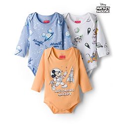 Babyhug Disney Interlock Knit Full Sleeves Onesie with Mickey Mouse Graphic Pack of 3 - Peach White & Light Blue