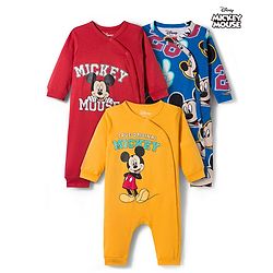 Babyhug Disney Interlock Knit Full Sleeves Front Open Rompers with Mickey Mouse Graphic Pack of 3 - Yellow Red & Blue