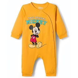Babyhug Disney Interlock Knit Full Sleeves Front Open Rompers with Mickey Mouse Graphic Pack of 3 - Yellow Red & Blue