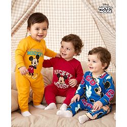 Babyhug Disney Interlock Knit Full Sleeves Front Open Rompers with Mickey Mouse Graphic Pack of 3 - Yellow Red & Blue