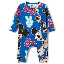 Babyhug Disney Interlock Knit Full Sleeves Front Open Rompers with Mickey Mouse Graphic Pack of 3 - Yellow Red & Blue