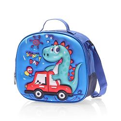 Babyhug Dinosaur Kids Insulated Lunch Box Bag with Adjustable Shoulder Strap & Handle - Blue| Thermal Lunch Carry Bag with Zip Closure for Boys & Girls
