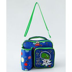 Babyhug Dino Kids Lunch Bag with Bottle Pouch and Front Pocket - Blue+Green| Adjustable Shoulder Strap| Lunch Carry Bag for School & Travel for Boys & Girls