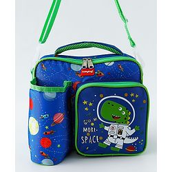 Babyhug Dino Kids Lunch Bag with Bottle Pouch and Front Pocket - Blue+Green| Adjustable Shoulder Strap| Lunch Carry Bag for School & Travel for Boys & Girls