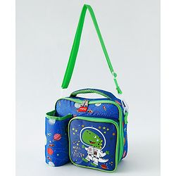 Babyhug Dino Kids Lunch Bag with Bottle Pouch and Front Pocket - Blue+Green| Adjustable Shoulder Strap| Lunch Carry Bag for School & Travel for Boys & Girls