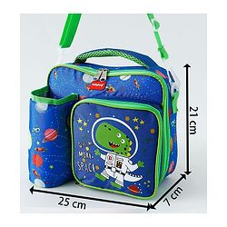 Babyhug Dino Kids Lunch Bag with Bottle Pouch and Front Pocket - Blue+Green| Adjustable Shoulder Strap| Lunch Carry Bag for School & Travel for Boys & Girls