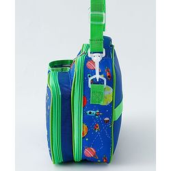 Babyhug Dino Kids Lunch Bag with Bottle Pouch and Front Pocket - Blue+Green| Adjustable Shoulder Strap| Lunch Carry Bag for School & Travel for Boys & Girls