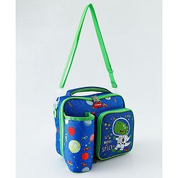 Babyhug Dino Kids Lunch Bag with Bottle Pouch and Front Pocket - Blue+Green| Adjustable Shoulder Strap| Lunch Carry Bag for School & Travel for Boys & Girls