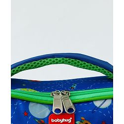 Babyhug Dino Kids Lunch Bag with Bottle Pouch and Front Pocket - Blue+Green| Adjustable Shoulder Strap| Lunch Carry Bag for School & Travel for Boys & Girls