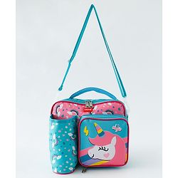 Babyhug Dino Kids Lunch Bag with Bottle Pouch and Front Pocket - Blue+Green| Adjustable Shoulder Strap| Lunch Carry Bag for School & Travel for Boys & Girls