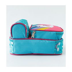 Babyhug Dino Kids Lunch Bag with Bottle Pouch and Front Pocket - Blue+Green| Adjustable Shoulder Strap| Lunch Carry Bag for School & Travel for Boys & Girls