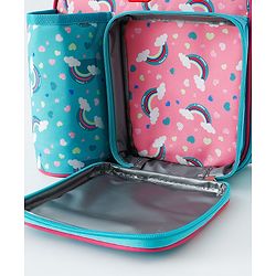 Babyhug Dino Kids Lunch Bag with Bottle Pouch and Front Pocket - Blue+Green| Adjustable Shoulder Strap| Lunch Carry Bag for School & Travel for Boys & Girls