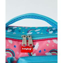 Babyhug Dino Kids Lunch Bag with Bottle Pouch and Front Pocket - Blue+Green| Adjustable Shoulder Strap| Lunch Carry Bag for School & Travel for Boys & Girls