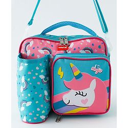 Babyhug Dino Kids Lunch Bag with Bottle Pouch and Front Pocket - Blue+Green| Adjustable Shoulder Strap| Lunch Carry Bag for School & Travel for Boys & Girls