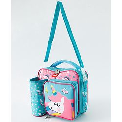 Babyhug Dino Kids Lunch Bag with Bottle Pouch and Front Pocket - Blue+Green| Adjustable Shoulder Strap| Lunch Carry Bag for School & Travel for Boys & Girls