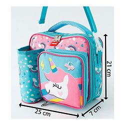 Babyhug Dino Kids Lunch Bag with Bottle Pouch and Front Pocket - Blue+Green| Adjustable Shoulder Strap| Lunch Carry Bag for School & Travel for Boys & Girls