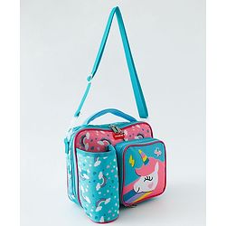 Babyhug Dino Kids Lunch Bag with Bottle Pouch and Front Pocket - Blue+Green| Adjustable Shoulder Strap| Lunch Carry Bag for School & Travel for Boys & Girls