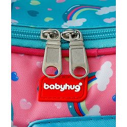 Babyhug Dino Kids Lunch Bag with Bottle Pouch and Front Pocket - Blue+Green| Adjustable Shoulder Strap| Lunch Carry Bag for School & Travel for Boys & Girls