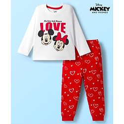 Babyhug Disney Single Jersey Knit Full Sleeves Pyjama Set with Minnie Mouse Graphic - White & Red