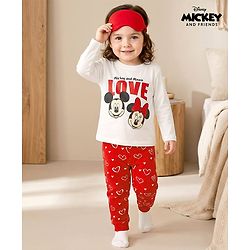 Babyhug Disney Single Jersey Knit Full Sleeves Pyjama Set with Minnie Mouse Graphic - White & Red