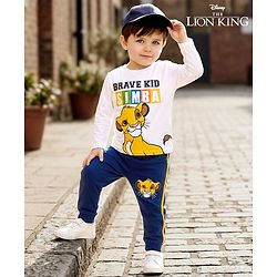 Babyhug Disney Single Jersey Knit Full Sleeves T-Shirt & Lounge Pant Set with Lion King Graphic - Navy Blue & White
