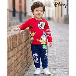Babyhug Disney Single Jersey Knit Full Sleeves T-Shirt & Lounge Pant Set with Mickey & Friends Graphic - Navy Blue & Red