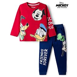 Babyhug Disney Single Jersey Knit Full Sleeves T-Shirt & Lounge Pant Set with Mickey & Friends Graphic - Navy Blue & Red