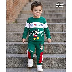 Babyhug Disney Single Jersey Knit Full Sleeves Cut & Sew T-Shirt & Lounge Pant Set with Mickey Mouse Graphic - Green