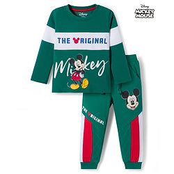 Babyhug Disney Single Jersey Knit Full Sleeves Cut & Sew T-Shirt & Lounge Pant Set with Mickey Mouse Graphic - Green
