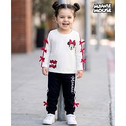 Babyhug Disney Terry Knit Full Sleeves T-Shirt and Track Pant Set with Minnie Mouse Graphic & Bow Detailing - White & Black