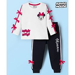 Babyhug Disney Terry Knit Full Sleeves T-Shirt and Track Pant Set with Minnie Mouse Graphic & Bow Detailing - White & Black