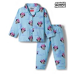 Babyhug Disney Single Jersey Full Sleeves Front Open Night Suit with Minnie Mouse Print - Blue