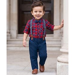 Babyhug 100% Cotton Knit Full Sleeves Checkered Shirt & Jeans Set with Bow & Suspender - Multicolor