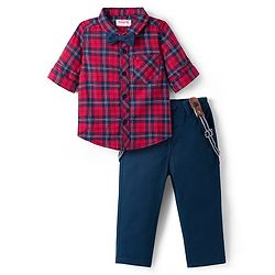 Babyhug 100% Cotton Knit Full Sleeves Checkered Shirt & Jeans Set with Bow & Suspender - Multicolor