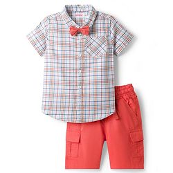 Babyhug Cotton Knit Half Sleeves Shirt & Shorts Set with Bow & Checks Print - White & Coral