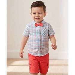 Babyhug Cotton Knit Half Sleeves Shirt & Shorts Set with Bow & Checks Print - White & Coral