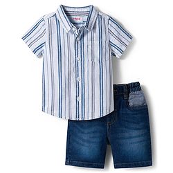 Babyhug Cotton Knit Half Sleeves Striped Shirt & Shorts Set - Blue
