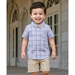 Babyhug Cotton Knit Half Sleeves Shirt & Shorts Set with Bow & Checks Print - White & Beige