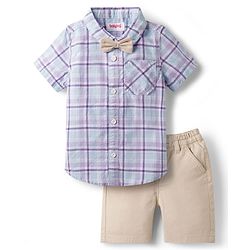 Babyhug Cotton Knit Half Sleeves Shirt & Shorts Set with Bow & Checks Print - White & Beige