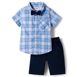 Babyhug Cotton Knit Half Sleeves Checks Shirt & Shorts Set With Bow - Blue