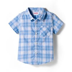Babyhug Cotton Knit Half Sleeves Checks Shirt & Shorts Set With Bow - Blue