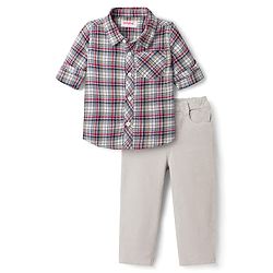 Babyhug Cotton Knit Full Sleeves Checkered Shirt & Trouser Set - Beige