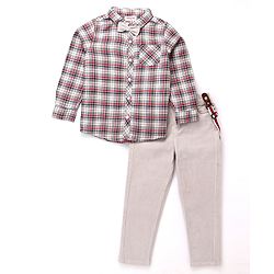 Babyhug Cotton Knit Full Sleeves Checkered Shirt & Trouser Set - Beige