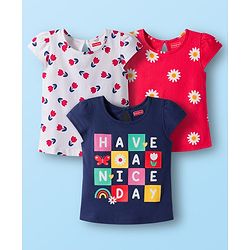 Babyhug 100% Cotton Knit Half Sleeves T-Shirts with Floral & Have A Nice Day Text Print Pack of 3 - Navy Blue Red & White