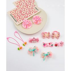 Babyhug Hair Clips & Rubber Bands Combo Set with Floral Applique Free Size - Pink