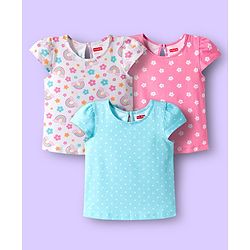 Babyhug 100% Cotton Knit Half Sleeves T-Shirts with Floral & Polka Dot Print Pack of 3 - Light Blue Pink & White