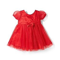 Babyhug Mesh Woven Half Puffed Sleeves Glitter Party Dress With Rhinestones Detailing & Bow Applique - Red